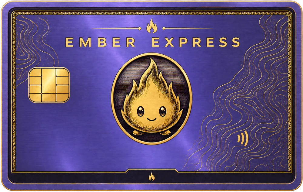 The purple Ember Express card, engraved in gold with the Ember flame